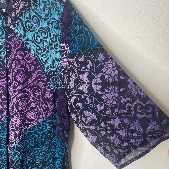 Maggie Barnes Sheer Button-Up Tunic Top Womens 2X 22/24W Colorful Purple Blue Ar - Picture 6 of 9